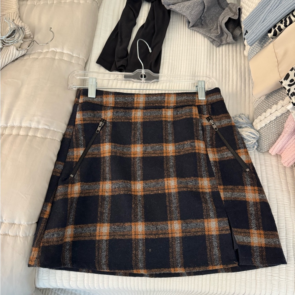 re:named Black and Orange Plaid A-Line Skirt